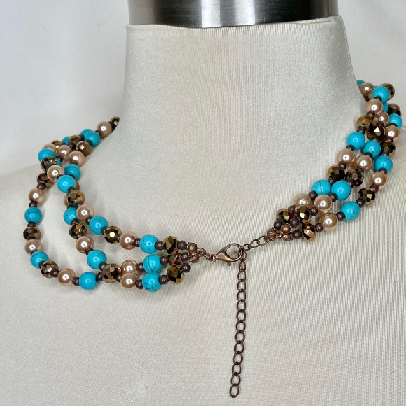 Turquoise Beaded Bronze Triple Stand Necklace - Picture 7 of 8